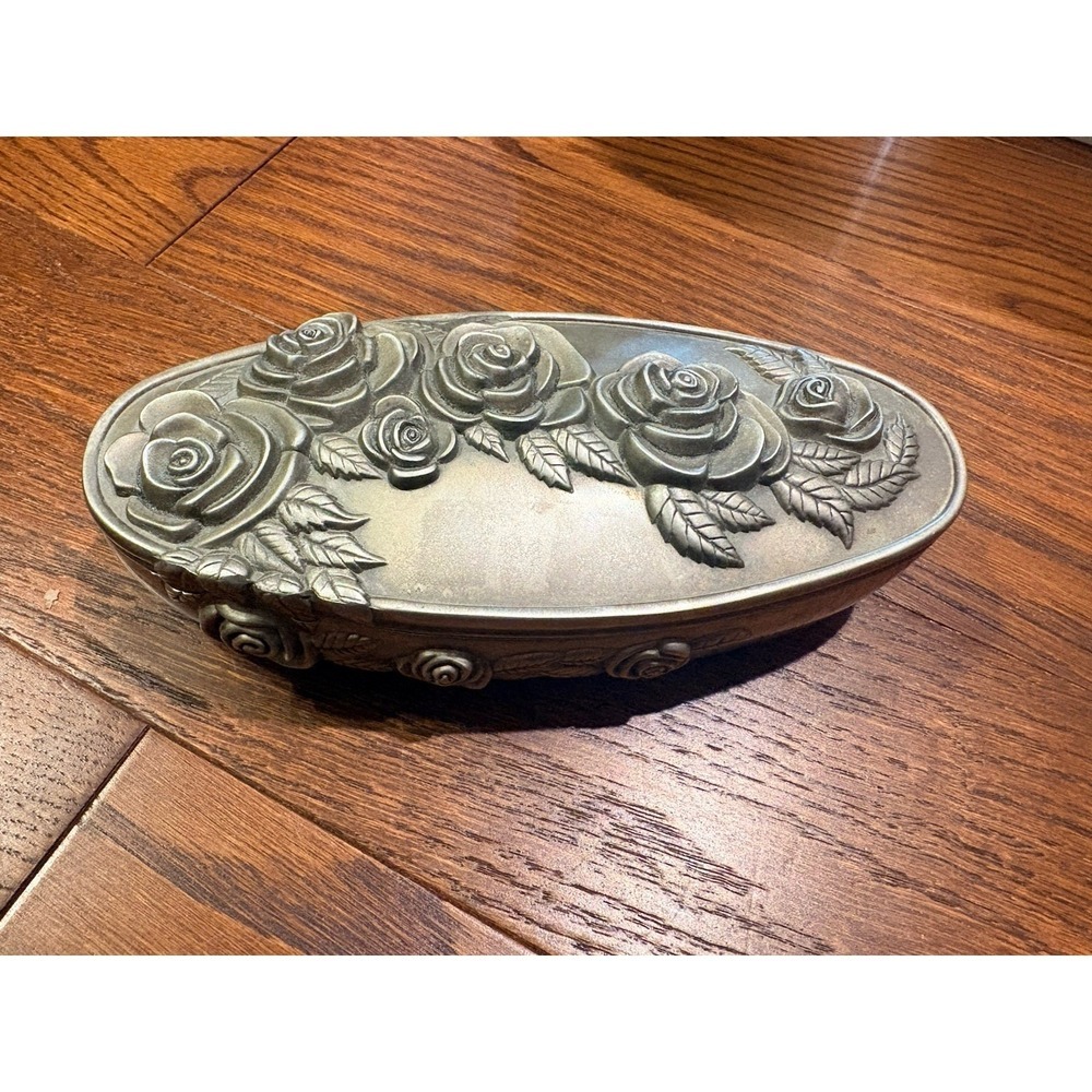Godinger Silver Plate Rose Pattern Oval Velvet Lined Jewelry Box